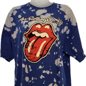 The Rolling Stones Hot Lips Logo Graphic Tee Bleach Tie Dye Blue White SZ L NWOT